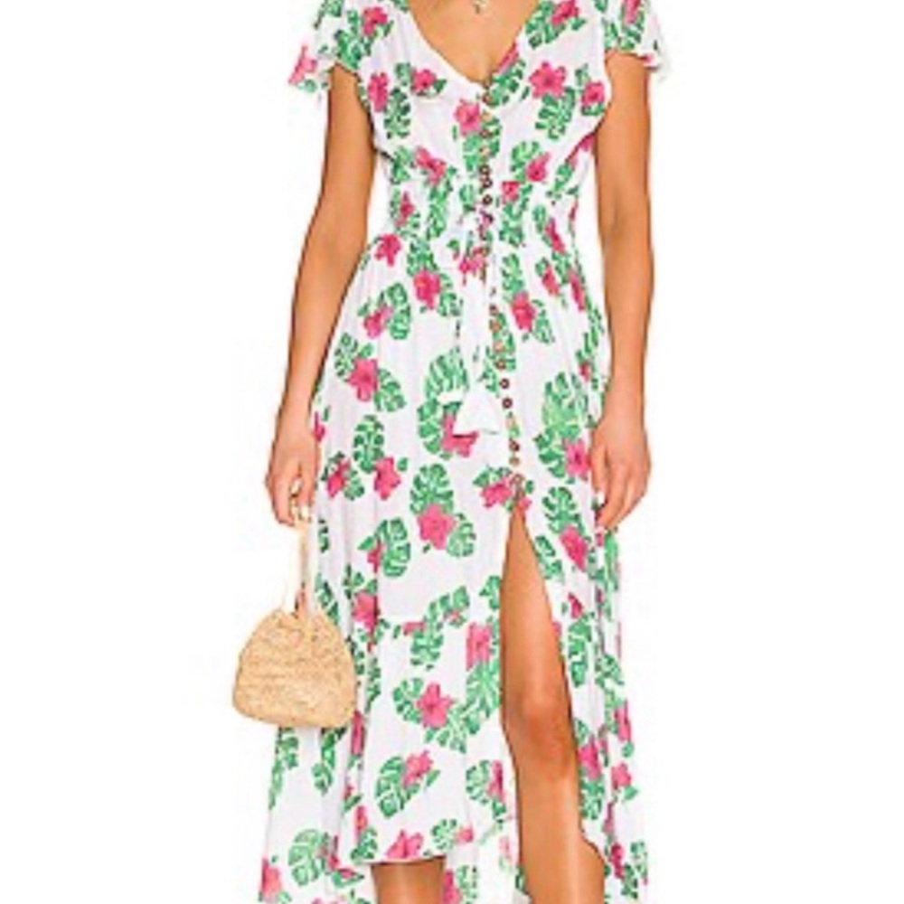 Tiare Hawaii Pink and Green Floral High Low Dress